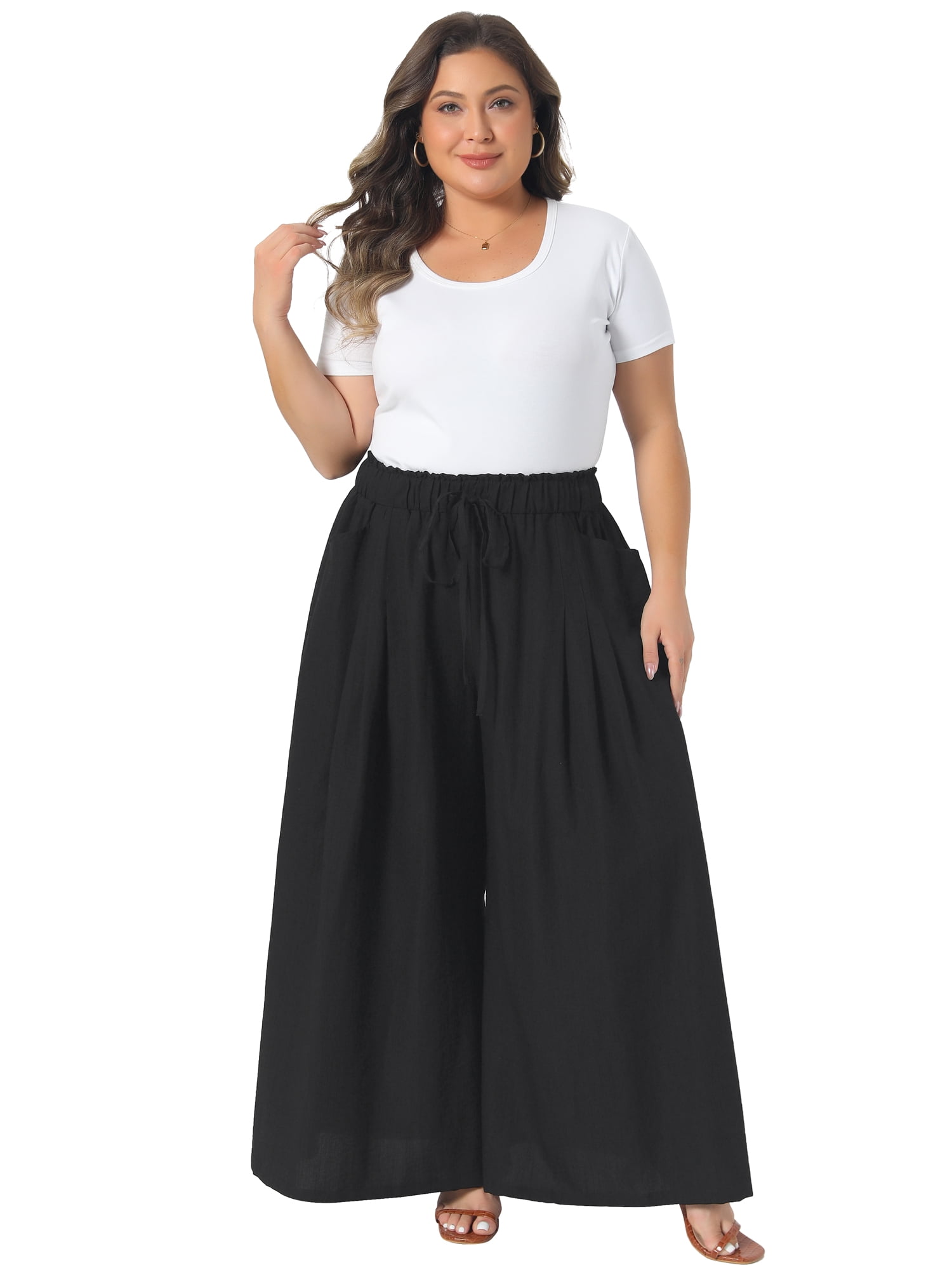 DARING DIVA Women's Plus Adjustable High Waisted Trousers with Pockets 3X Black