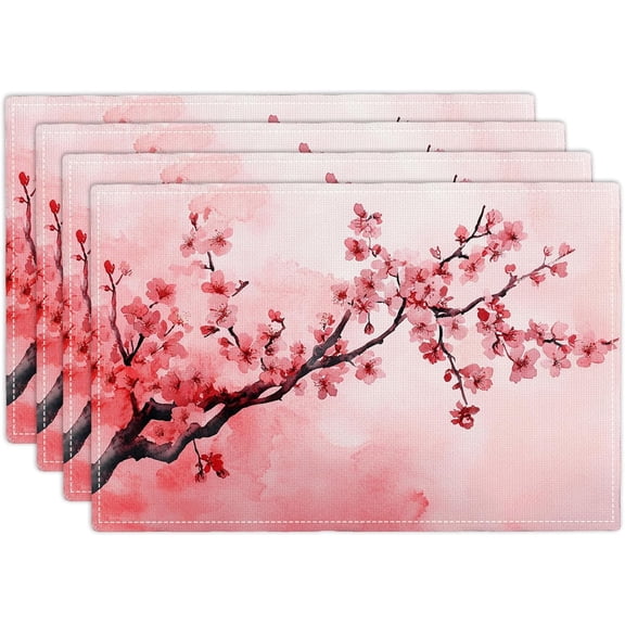 Japanese Cherry Blossom Placemats Set of 4, Pink Sakura Floral Place Mats, Flower Waterproof Washable Table Mats for Home Party Indoor Kitchen Dining Table Decoration 12x18 Inch