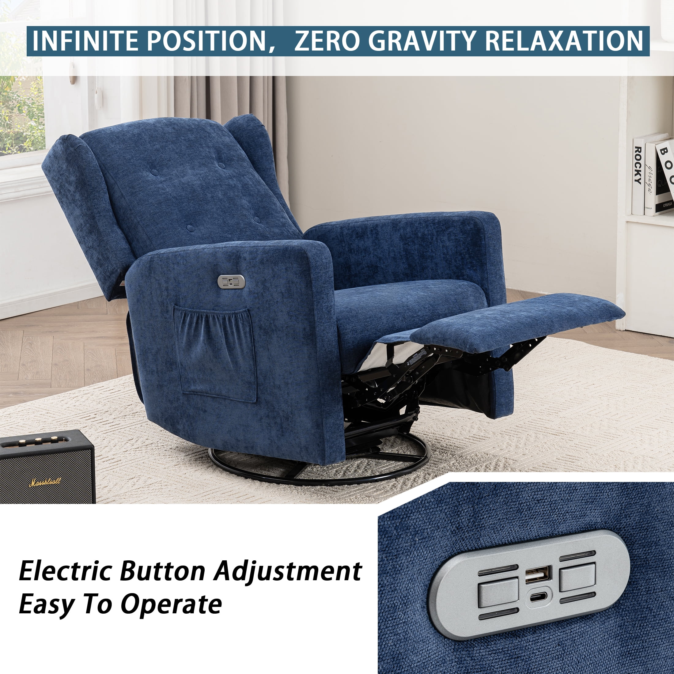 Power Swivel Rocking Recliner Chair, Electric Rocker Nursery Glider Chair, USB and Type-C Ports, Upholstered Fabric Reclining Single Sofa Chair for Living Room(NavyBlue)