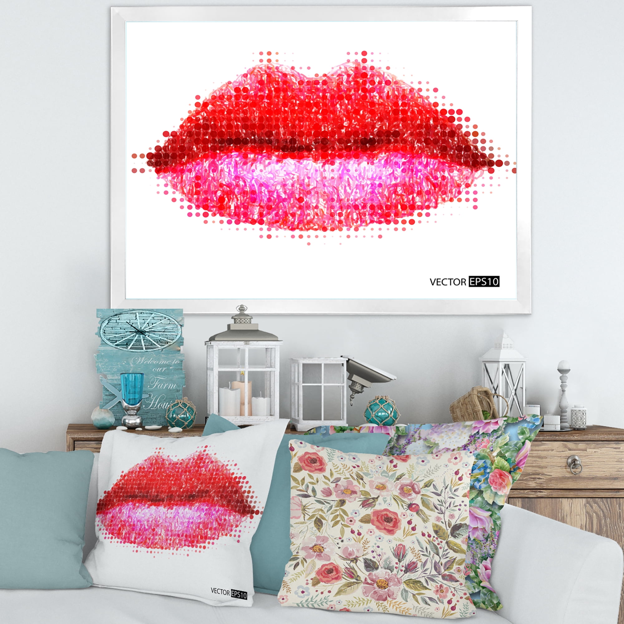 Designart 'Abstract Red Woman Lips in Pixels' Modern Framed Art Print