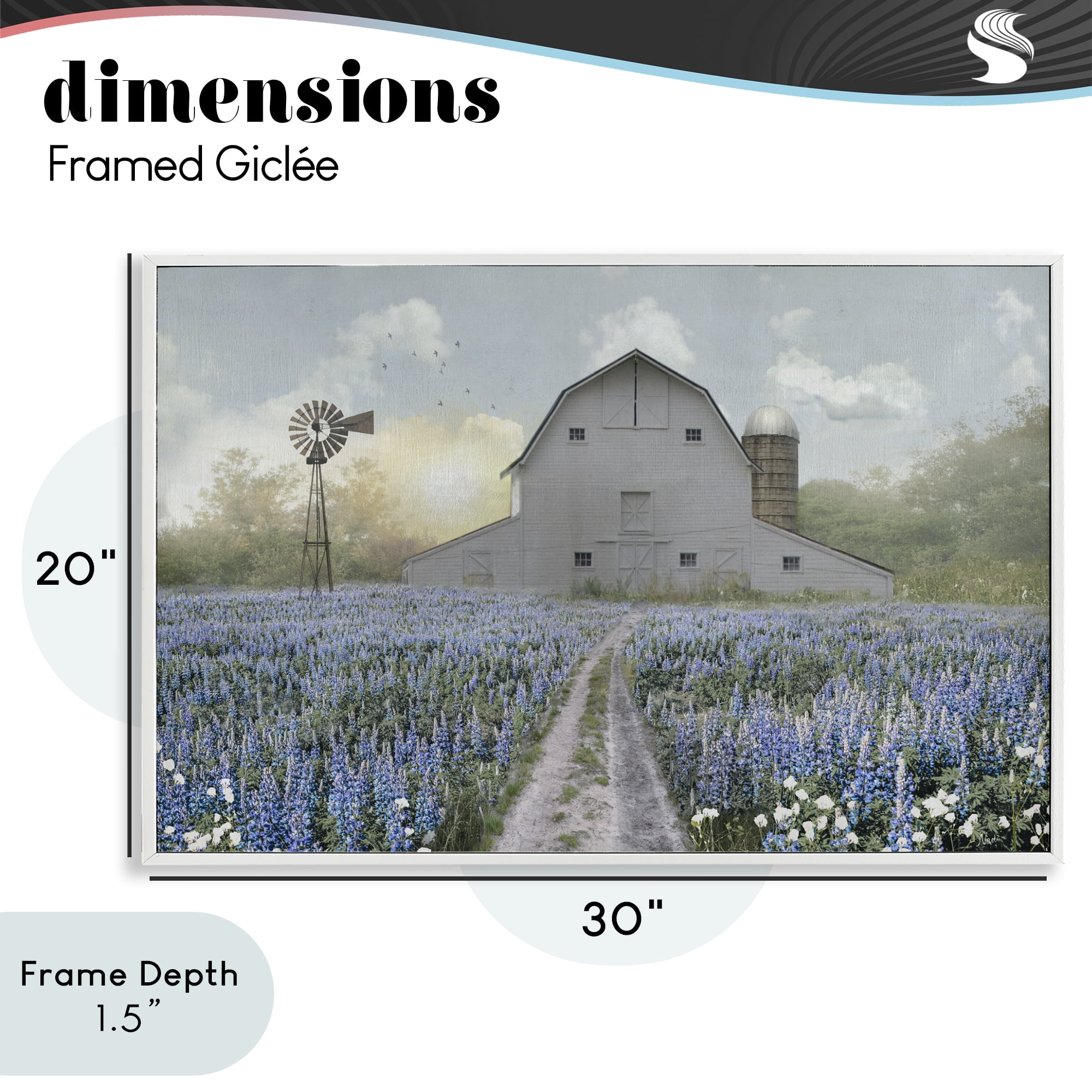 Stupell Industries Meadow of Blue Flowers & Barn White Framed Giclee Art, design by Nan