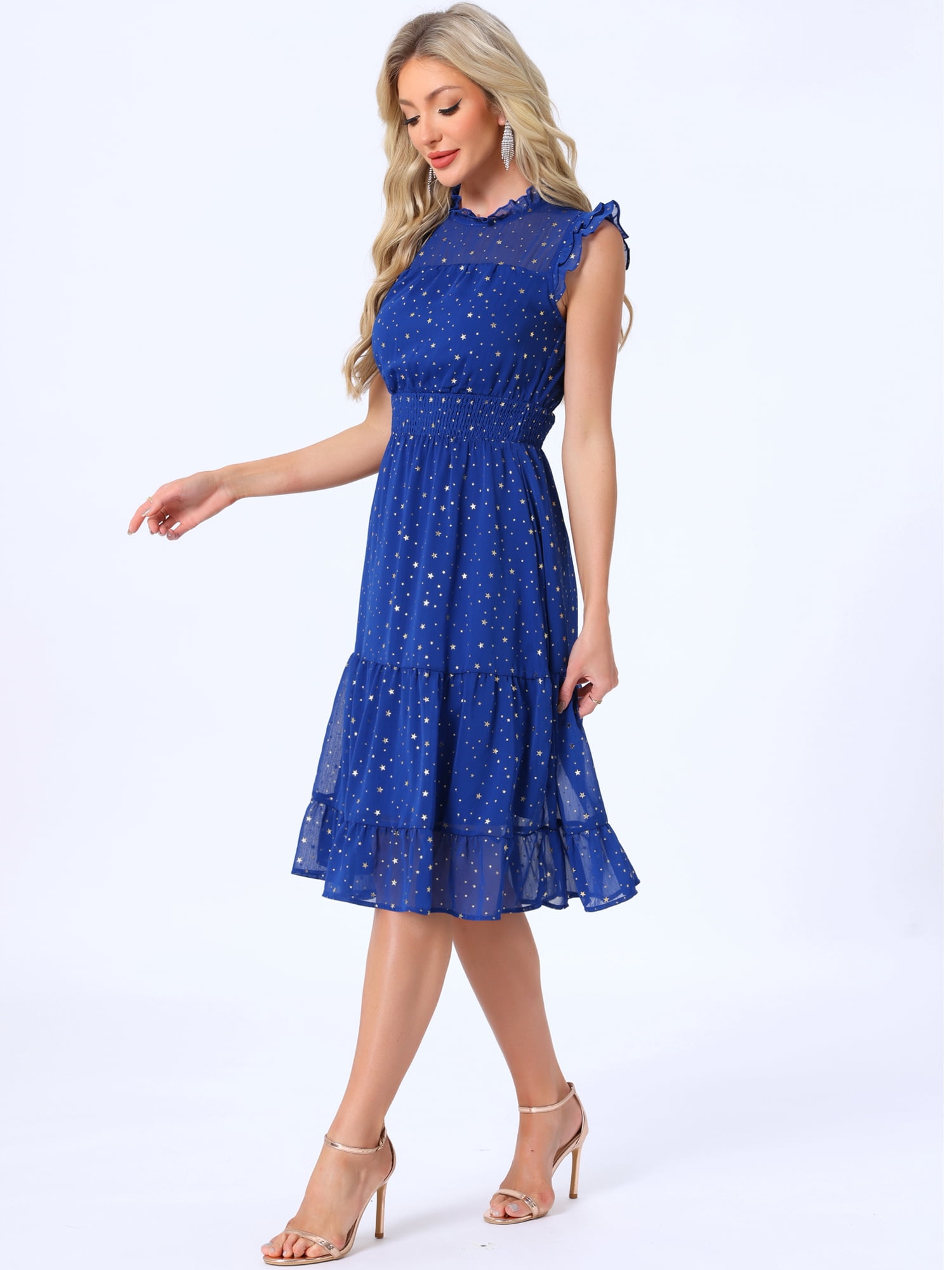 DARING DIVA Women's Gilding Metallic Stars Chiffon Jewel Neck Dresses L Royal Blue