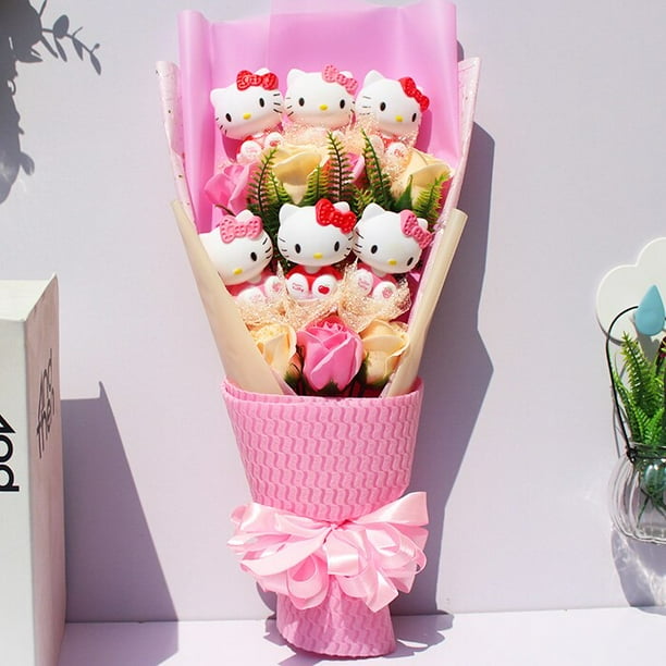 Juguetes de Hello kitty Rosa Kawaii con jabón, ramos de dibujos animados de flores rosas, animales de peluche, muñeca para niña, regalos de Navidad para niños