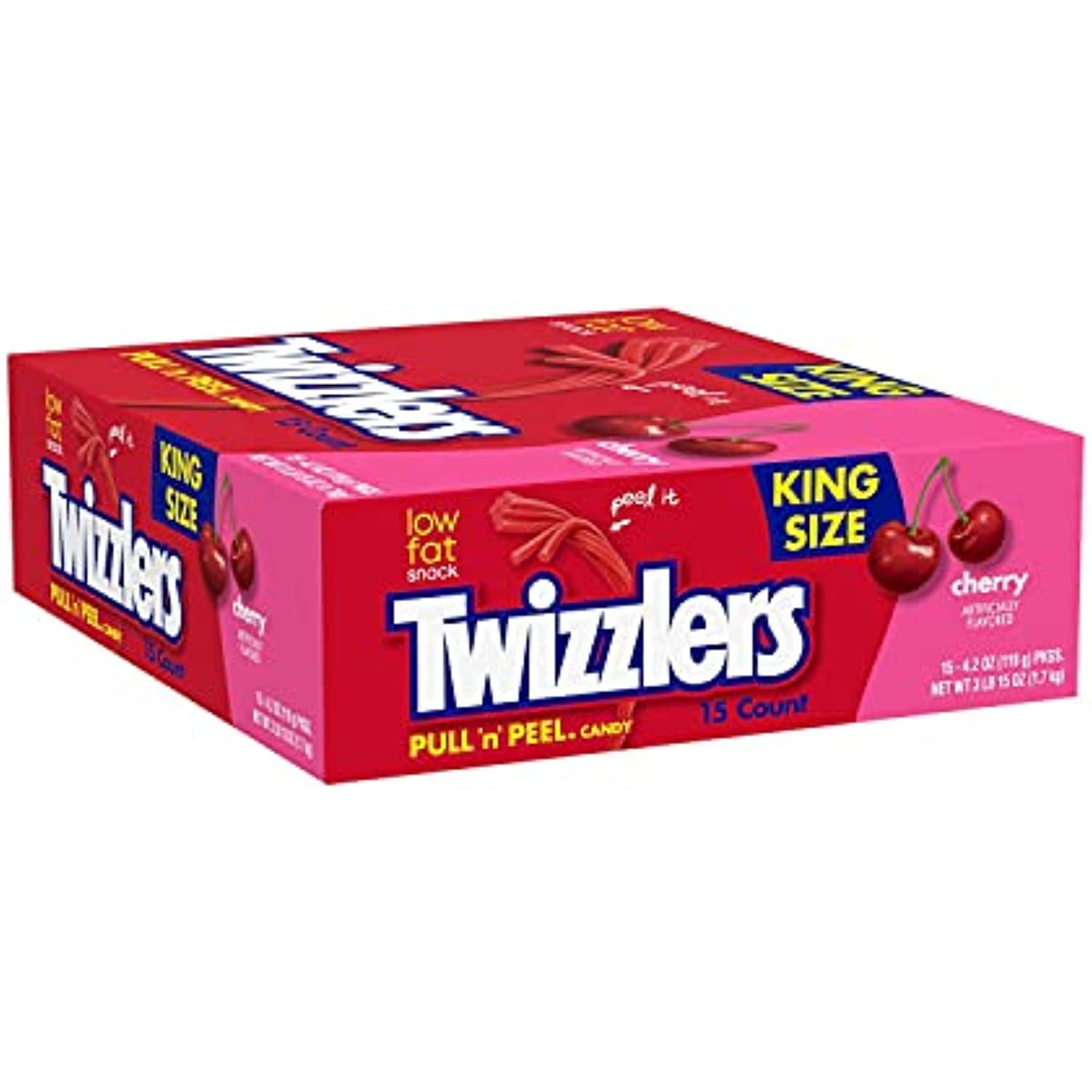 Twizzlers Pull N Peel Cherry Flavored Chewy Candy, Low Fat, 4.2 Oz King Size Bag