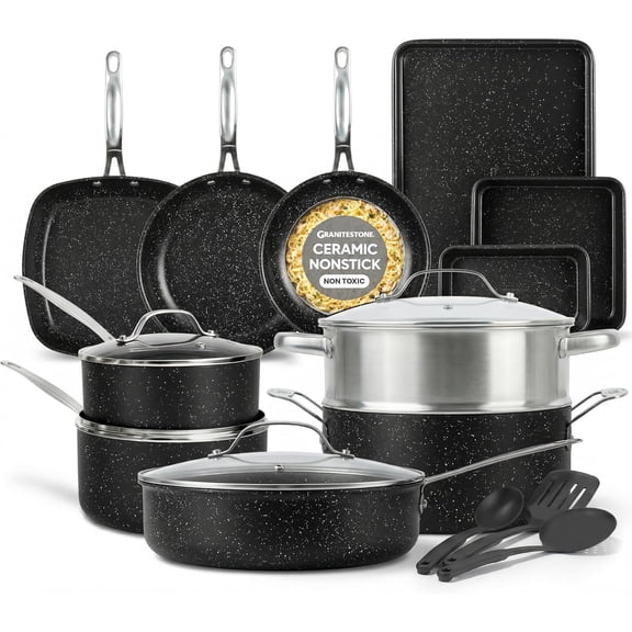 Granitestone 20 Pc Pots and Pans Set Non Stick, Pots and Pans Ceramic Cookware Set with Square Pan, Pot and Pan Set with Bakeware/Utensils, Non Stick Pots and Pan Set, Oven/Dishwasher Safe, Black