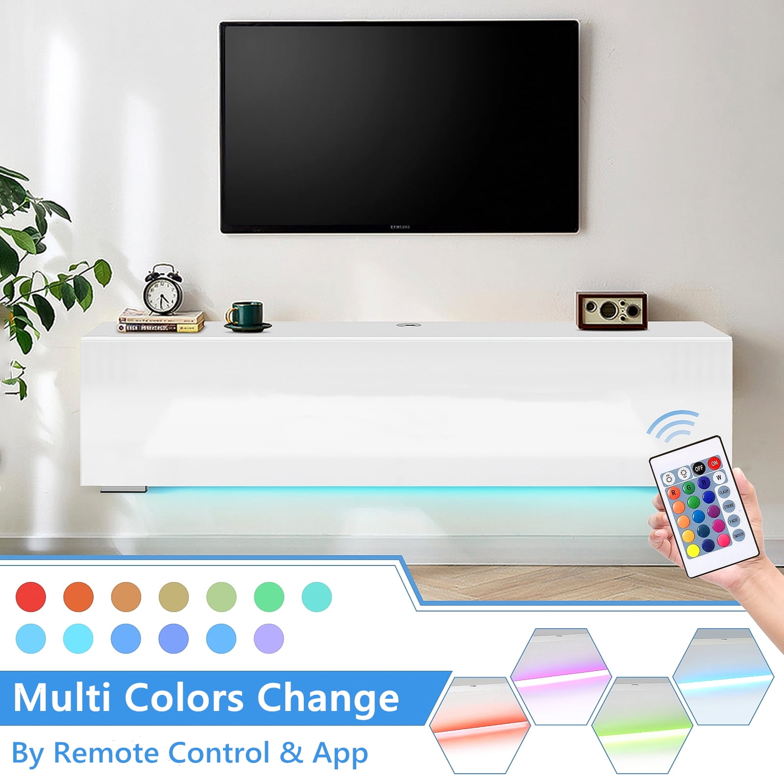 Hommpa Wall Mounted Floating TV Stand with LED Lights Modern Entertainment Center for TVs for up to 65" Media Console TV Unit with Storage Cabinets White High Gloss for Living Room Bedroom