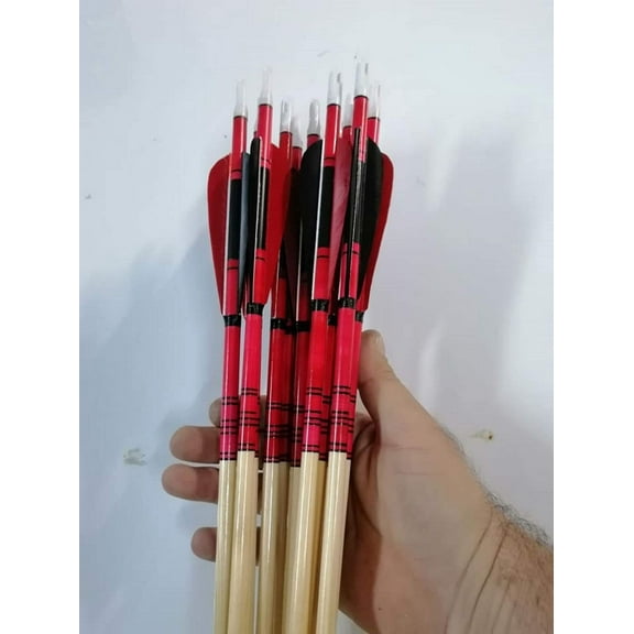 Wooden Archery Arrow For Recurve Bow Longbow Premium Series Red Feather Arrows Black Red Painted With Self Nock Christmas Gift