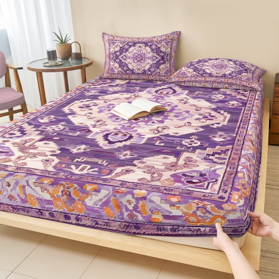 Twin XL Size Fitted Sheet Set - Purple Orange Boho 2 Piece Bedding Sets 16" Deep Pocket Fitted Sheet with 1 Pillowcases, Ethnic Geometric Middle Century Art Brushed Microfiber Hotel Luxury Bed Sheets