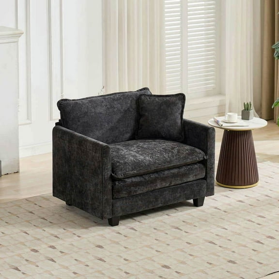 Yardi Yarda Modern Sectional Couch, Breathable Chenille Fabric Single Seat Sofa without Ottoman, Comfy Double Layer Upholstered Seat Cushion, Single Armrest Sofa for Indoor, Black