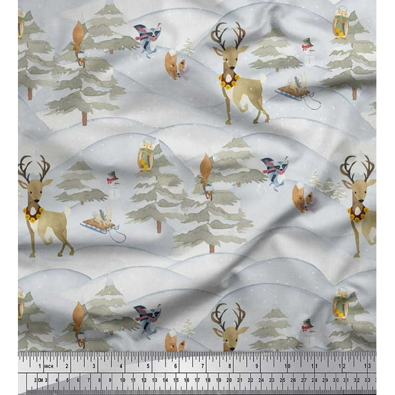 Soimoi Green Silk Fabric Animals,Tree & Snow Nature Printed Fabric 1 Yard 42 Inch Wide