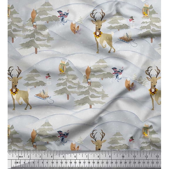 Soimoi Green polyester Crepe Fabric Animals,Tree & Snow Nature Print Fabric by Yard 42 Inch Wide