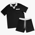thumbnail image 3 of VBTAPA Men's Waffle Knit Polo Shirt and Shorts Set 2 Piece Summer Outfits Color Block Casual Tracksuit with Pockets Birthday Gifts Black XXL, 3 of 7