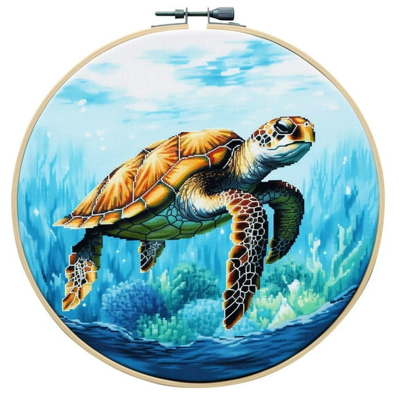 Sea Turtle Round Shape Stamped Cross Stitch Kits for Beginners Easy with Hoop 11CT Needlepoint Embroidery DIY Counted Cross Stitch Kits Art Craft Wall Decoration 35x35cm(4)
