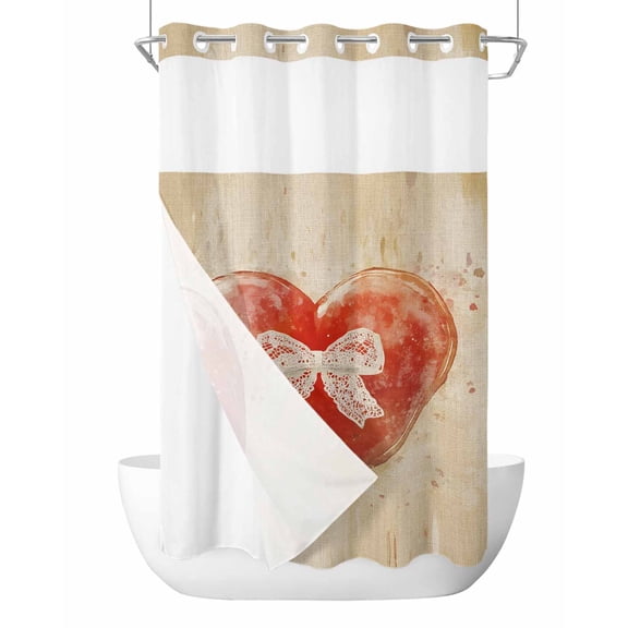 No Hook Shower Curtains with Snap in Liner, Red Brown Valentine Waterproof Fabric Shower Curtain, Love Heart Retro Farmhouse Double Layers & See-Through Top Window Bathroom Curtains 36''x72''