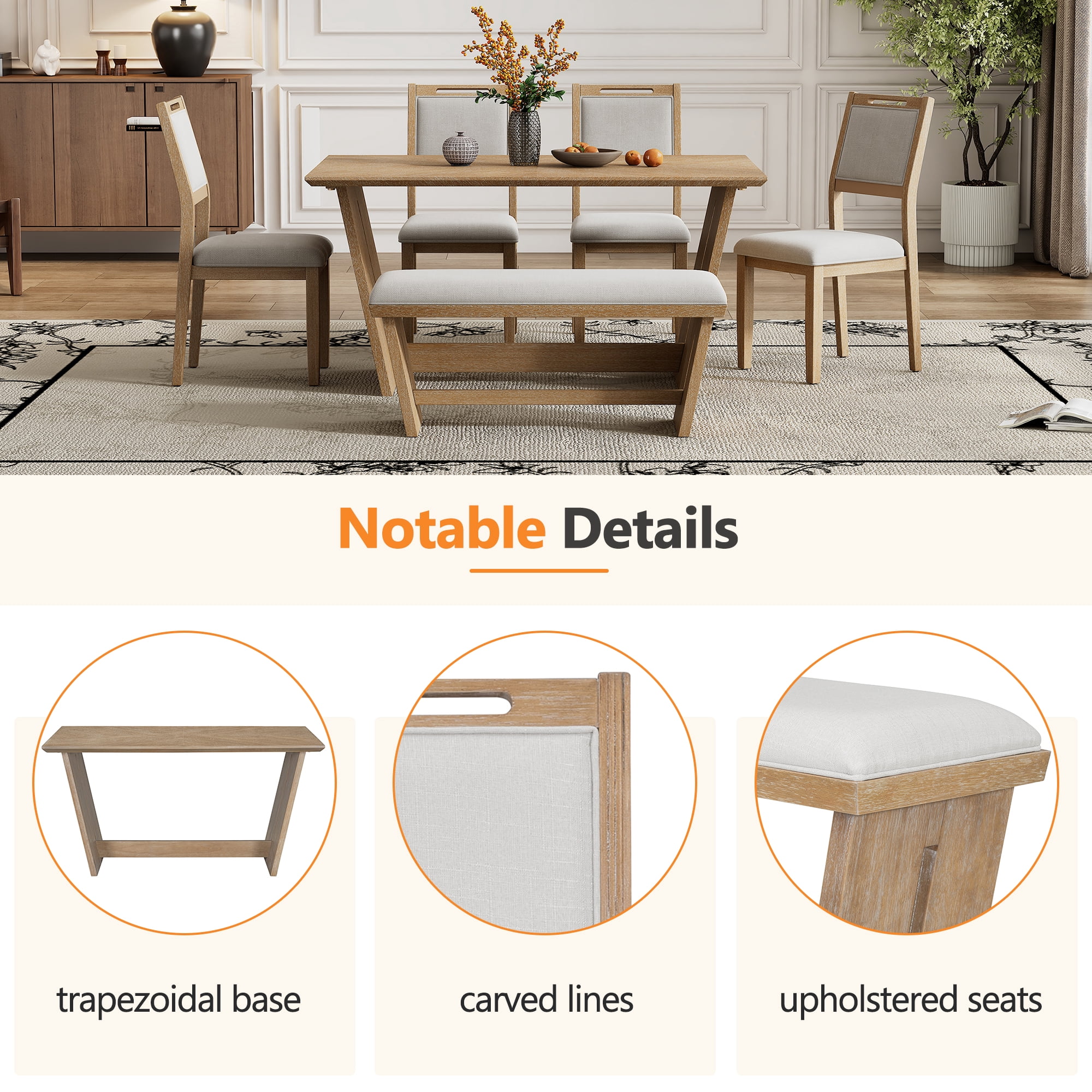 Howcool Retro 6-Piece Dining Set, 60" Wood Table, Trestle Base, 4 Chairs & Bench, Natural Wood Wash