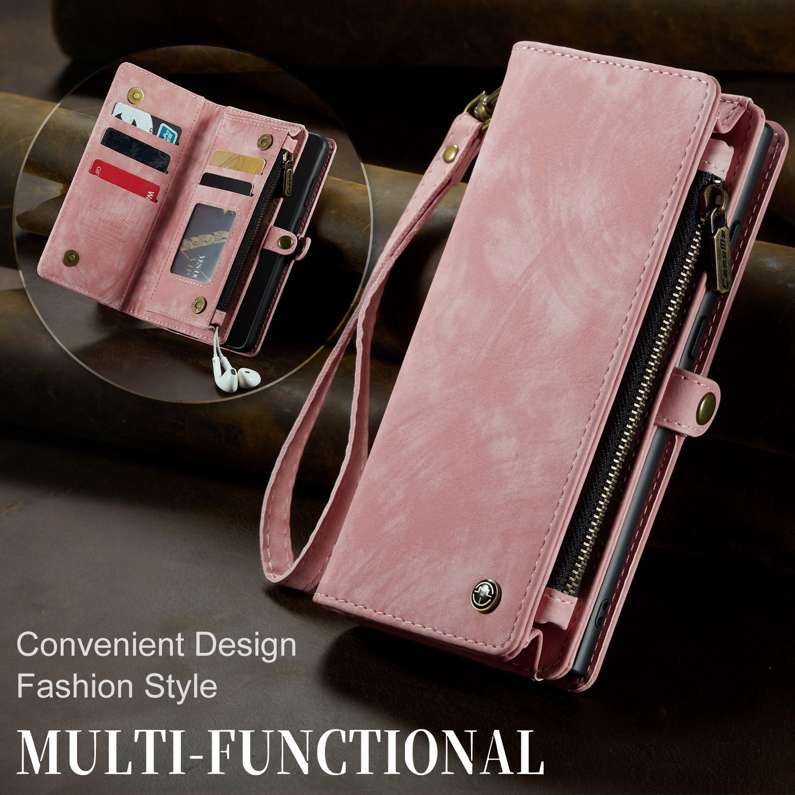 Feishell Durable 2- In-1 Magnetic Detachable Wallet Case for Samsung Galaxy A52 4G/5G,for Women Men,Premium PU Leather Zipper Pocket Flip Multi Card Slots Purse Phone Case with Wrist Strap,Pink
