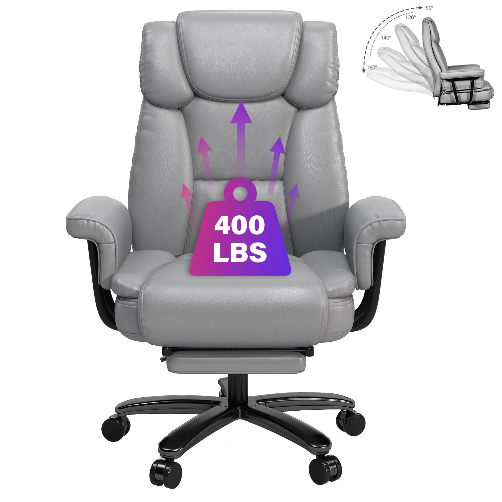 Ninecer High Back Executive Office Chair, Ergonomic PU Leather Office Chair, Heavy Duty Computer Desk Chair, Reclining Office Chair with Footrest 400lbs, Gray