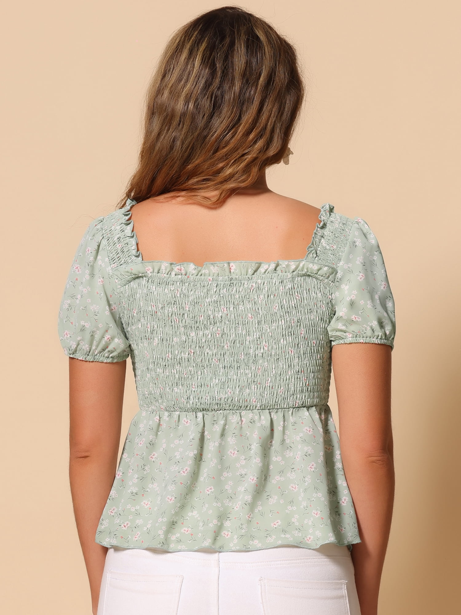 DARING DIVA Women's Puff Sleeve Floral Sweetheart Neck Ruffle Peplum Top M Light Green