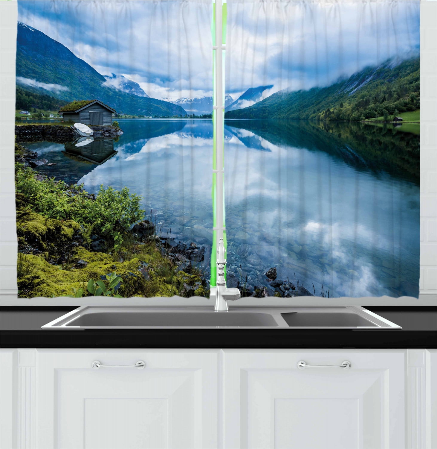 Nature Curtains 2 Panels Set, Landscape Photography with Wooden Cabins Clear River and Mountains Norway Europe, Window Drapes for Living Room Bedroom, 55W X 39L Inches, Blue Green, by Ambesonne