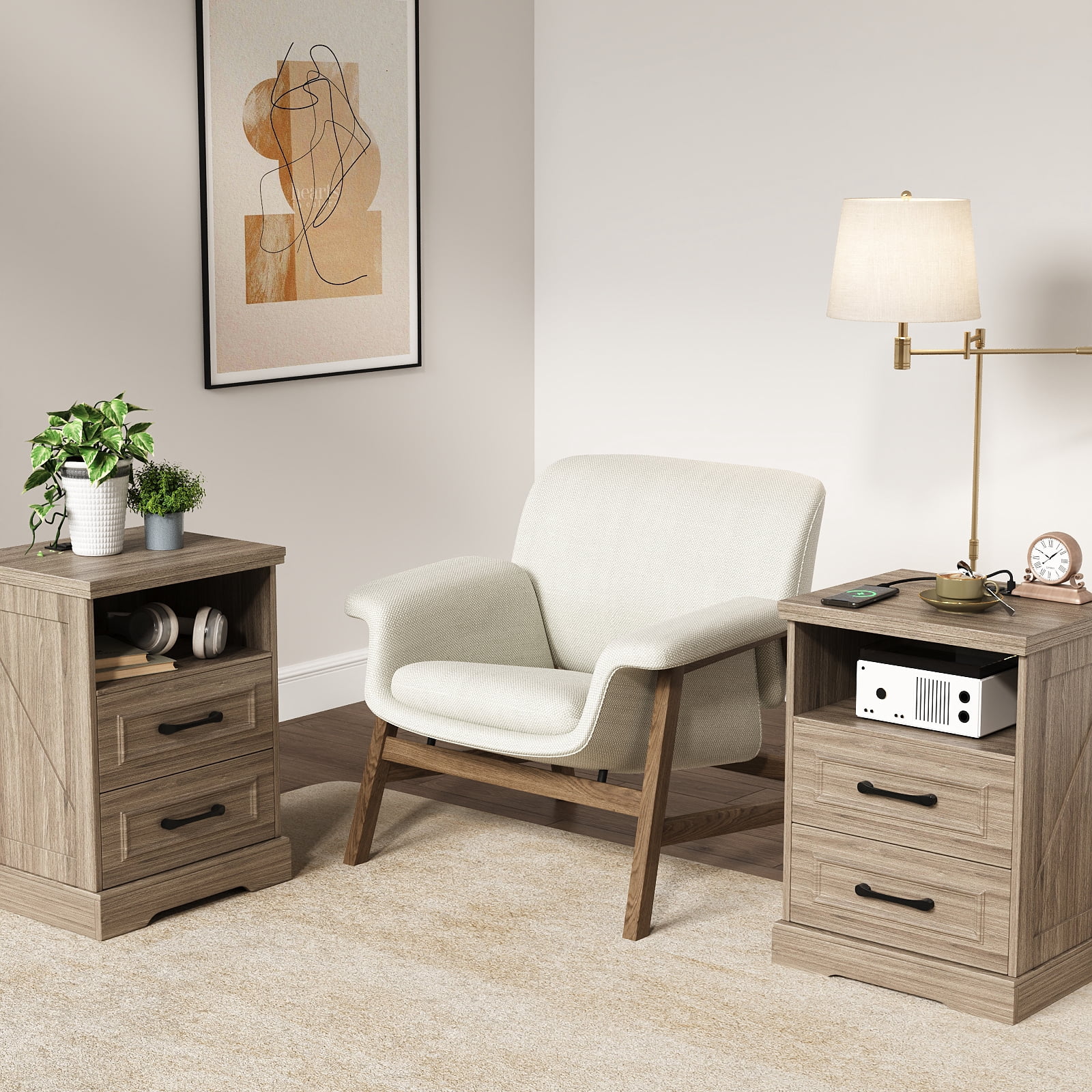 Nightstand Set of 2 with Charging Station, Farmhouse End Table with 2 Drawers Storage Side Table Bedside Cabinet for Bedroom Living Room,Gray