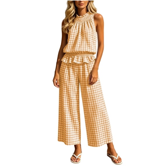 KIHOUT Women 2 Piece Outfits Halter Neck Sleeveless Ruffled Top and High Waisted Wide Leg Pants Set Gingham Print Casual Summer Lounge Wear with Pockets