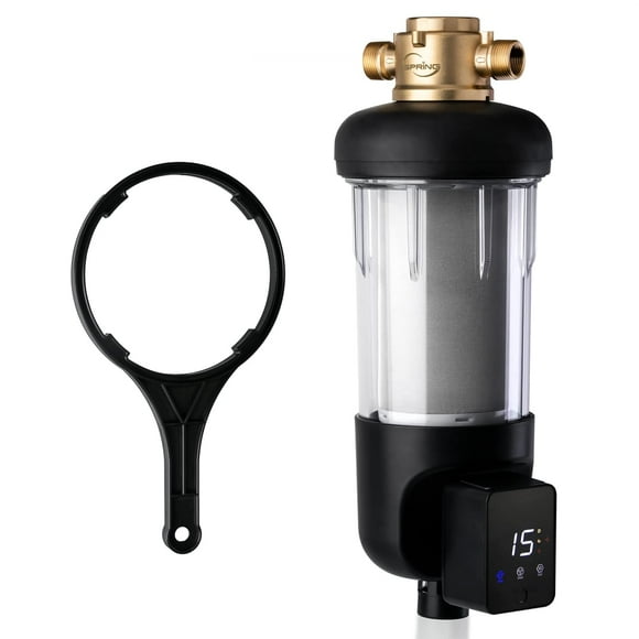 iSpring WSP200ARJ, NSF Certified, Spin-Down Sediment Water Filter, Upgraded Jumbo Size, Large Capacity, Reusable with Touch-Screen Auto Flushing Module, Brass Top Clear Housing, 200 Microns