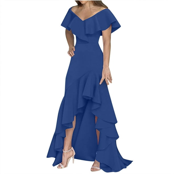 Women's V-Neck Bridesmaid Long Dresses with Slit Ruffles Short Sleeve