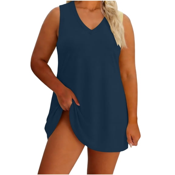 Tdoqot Womens Plus Size Sundress- Casual Sleeveless V-Neck Loose Fit Summer Mini Tank Dresses Navy Size 3XL