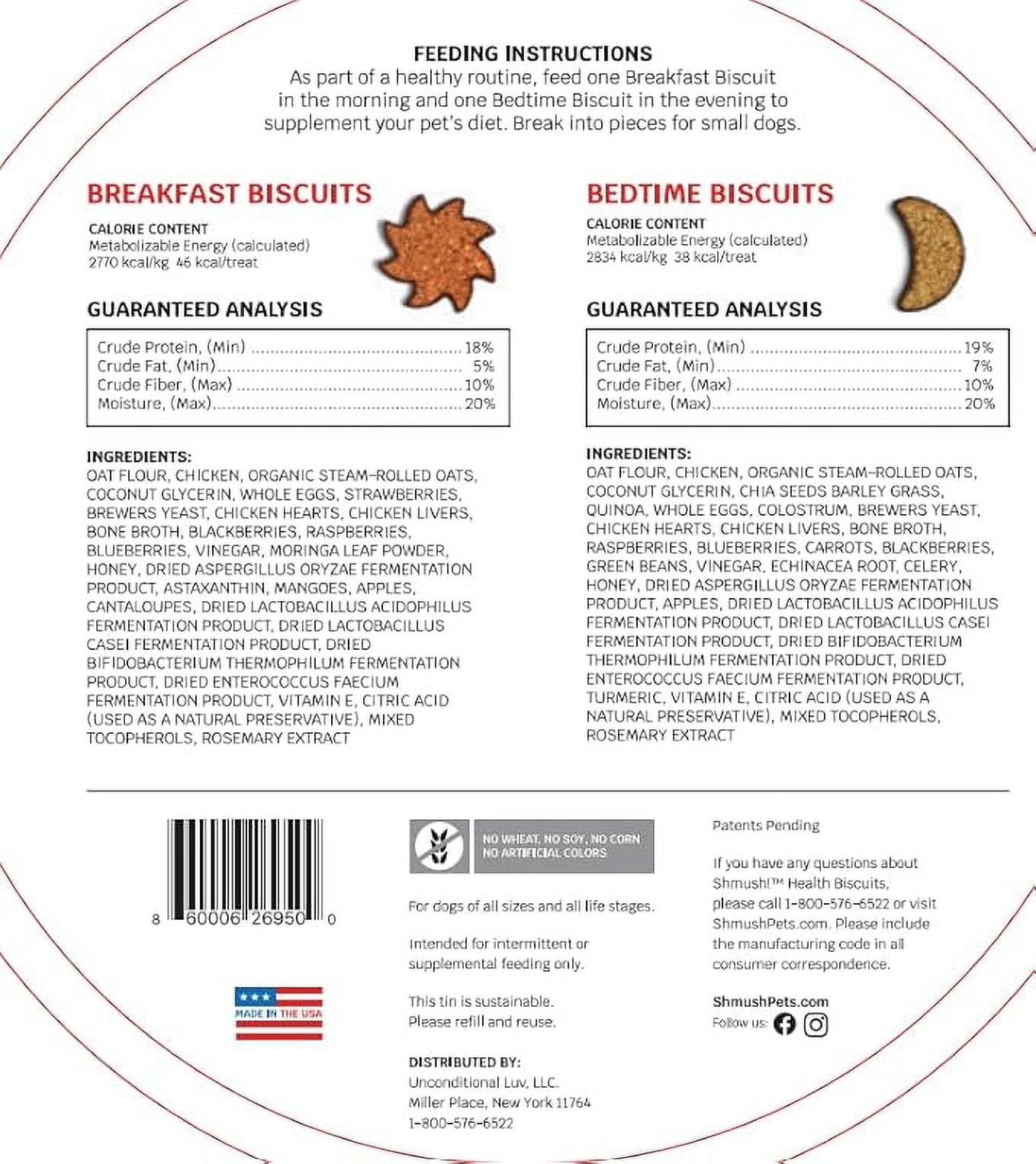 Shmush! Breakfast & Bedtime Biscuits for Dogs, Pet Wellness Treats, 100% Natural Non-GMO, Made in USA