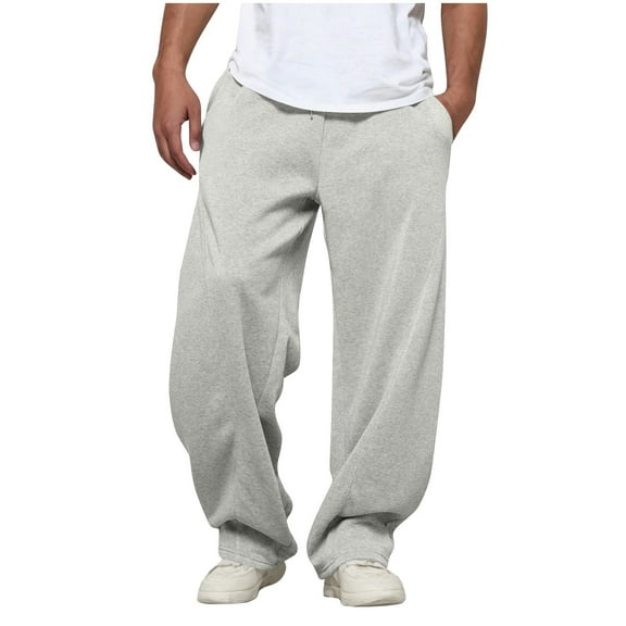 Dwelliawo Men's Baggy Pants Elastic Waist Wide Leg Workout Pants Athletic Fleece Loose Sweatpants with Pocket Drawstring Lightweight Pant Light Gray S