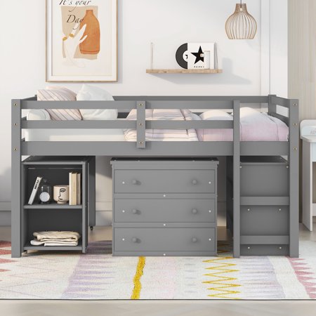 Low Study Full Loft Bed with Cabinet  Shelves and Rolling Portable Desk  Multiple Functions Bed- Gray
