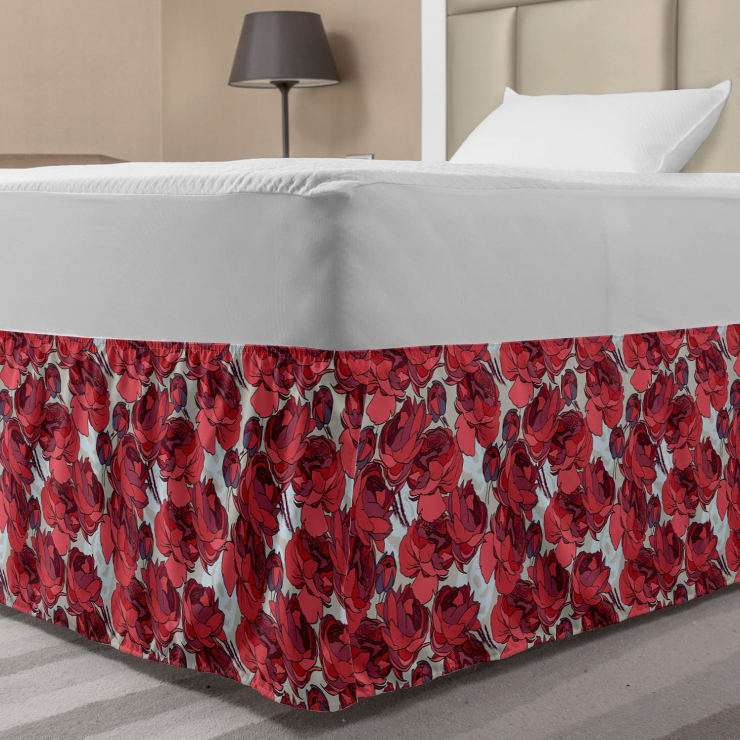 Floral Bed Skirt, Vibrant Graphic Design Roses Pattern Blossoms