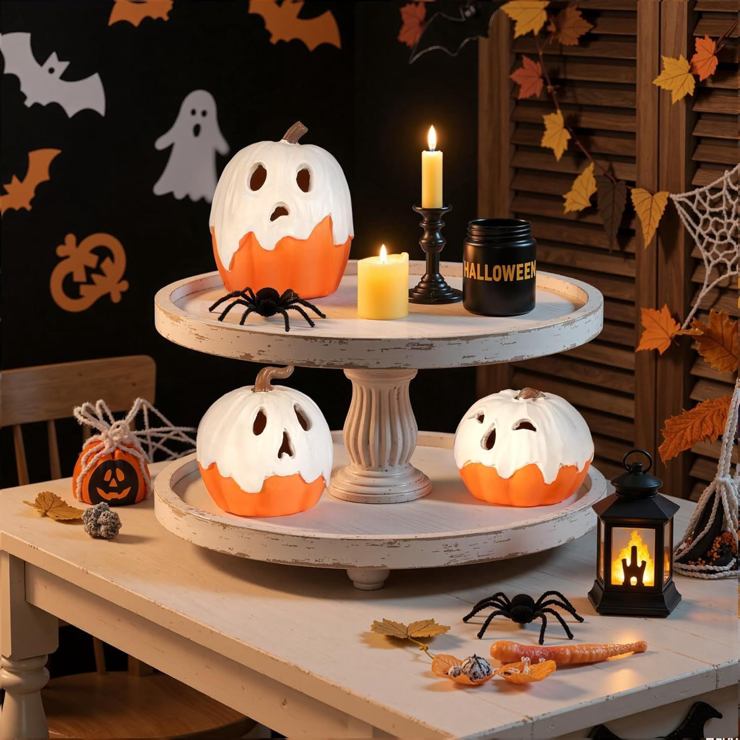 3 Pack Light Up Ghost Pumpkin Decorations with Warm Glow for Halloween