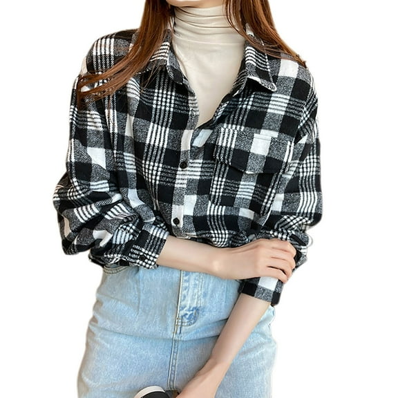 Women's Button Down Flannel Shirts Plaid Long Sleeve Business Shacket Jackets Casual Loose Lapel Blouses with Pockets (Black 2XL)