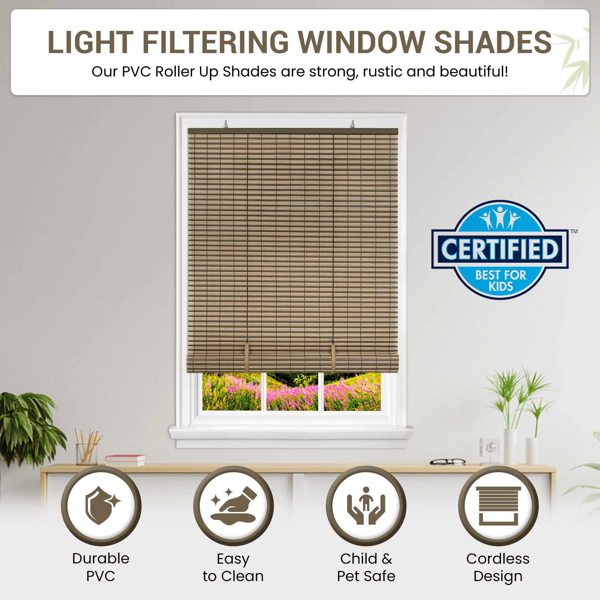 PowerSellerUSA Oval Cordless Blinds, Roll-Up Roller Shades for Windows and Doors, Light Filtering and Shades Privacy Window Treatment for Home - 48" (Width) x 72" (Length) Brown