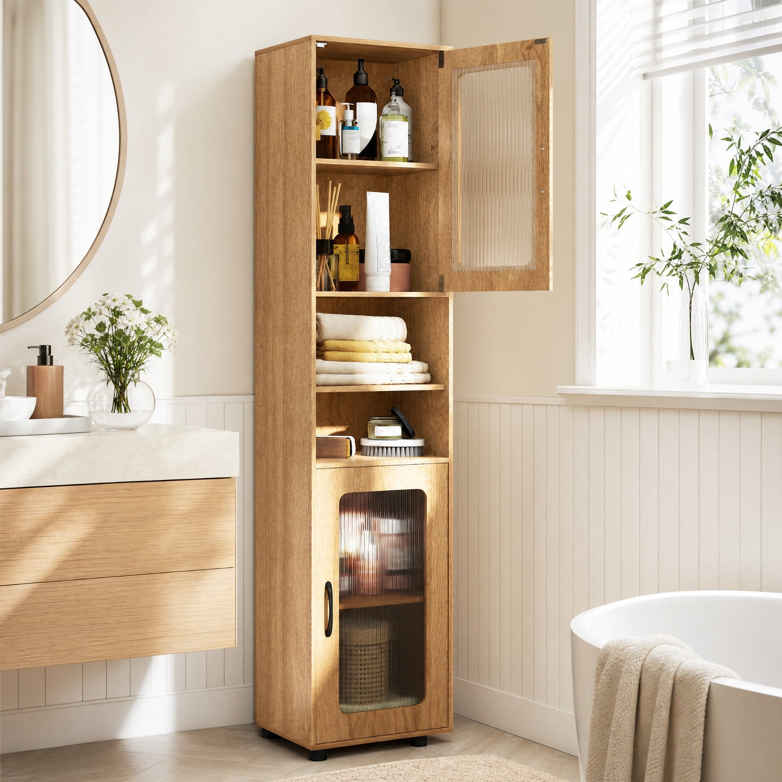 Vebreda Freestanding Bathroom Storage Cabinet, Tall Bathroom Storage Cabinet 67 Inches Freestanding Storage Organizer, Flexible Storage Options