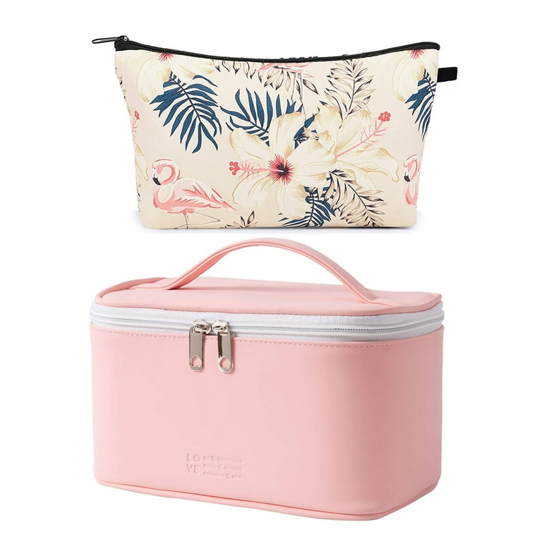 Meiyuuo Makeup Bag Cosmetic Bag Organizer 2Pack Small Makeup Pouch for Purse for Women Girls Gift (Pink + Beige Flamingo), Women's