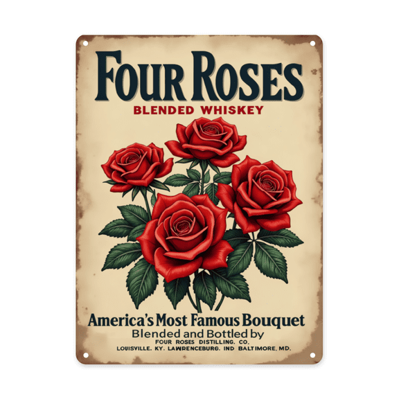Metal Tin Four Roses Blended Whiskey Tin Sign with Red Roses Tin Signs,Vintage Metal Tin Sign for Men Women,Wall Decor for Bars,Restaurants,Cafes Pubs,12X16 Inch