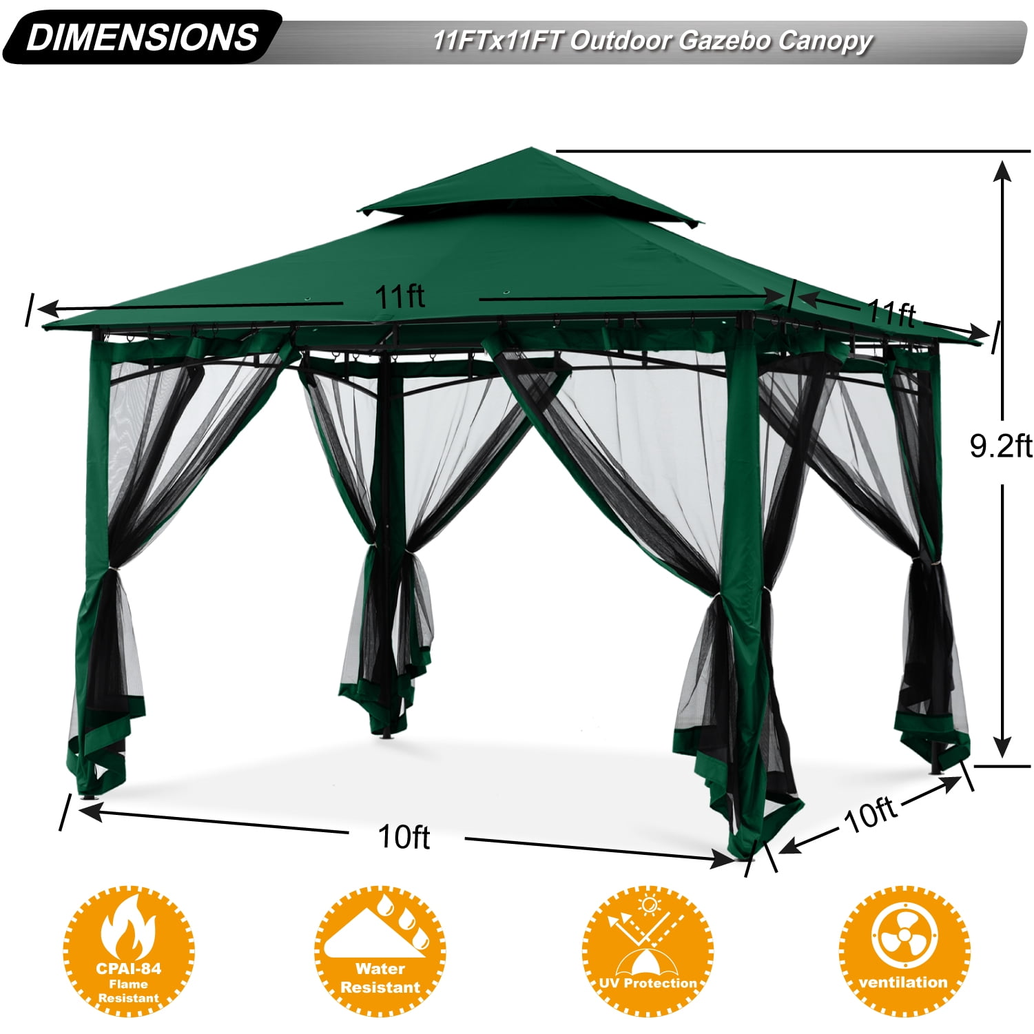 ABCCANOPY 11'x11' Patio Gazebo With Mosquito Netting and Double Soft Roof Canopies for Shade and Rain,Forest Green