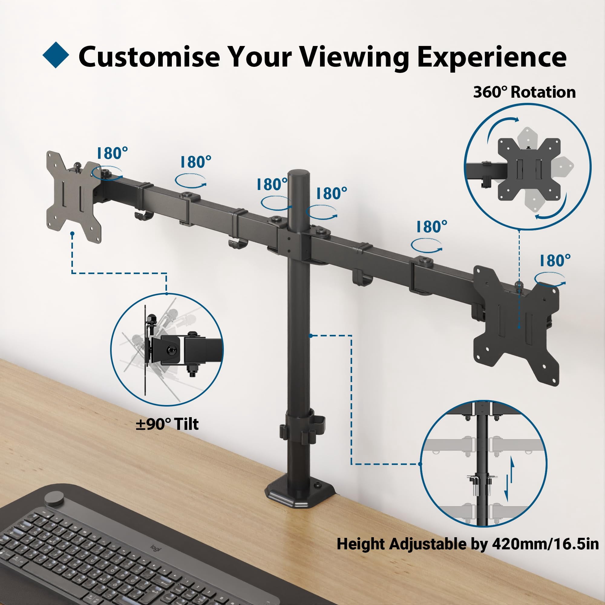 BONTEC Dual Monitor Desk Mount, Full Motion Adjustable Monitor Stand for 13–27 Inch Screens, Heavy Duty Arms Hold Up to 22 lbs Each, VESA 75x75/100x100 mm, C Clamp and Grommet Base, Cable Management
