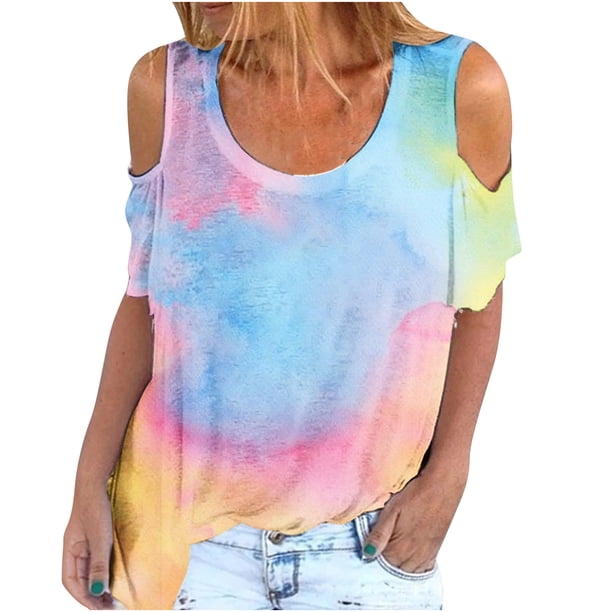 Top informal suelto con hombros descubiertos y cuello redondo con estampado de manga corta para mujer a la moda Pompotops hkajfhjk463988