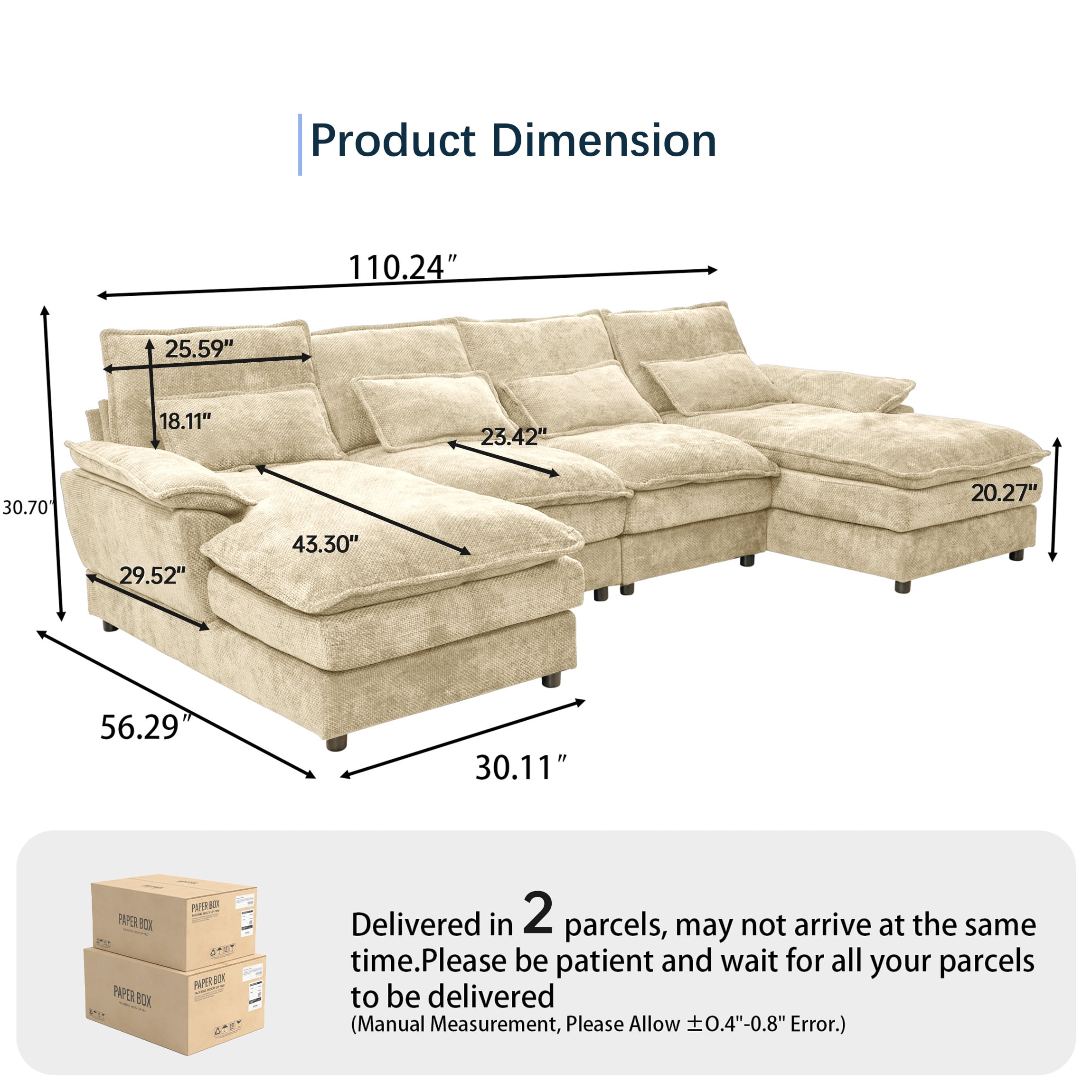SEENYOO 110.24" U-Shaped Couch, Cloud Modular Sectional Sofa with Chenille Fabric, 4-Seat Comfy Couch for Living Room,Khaki