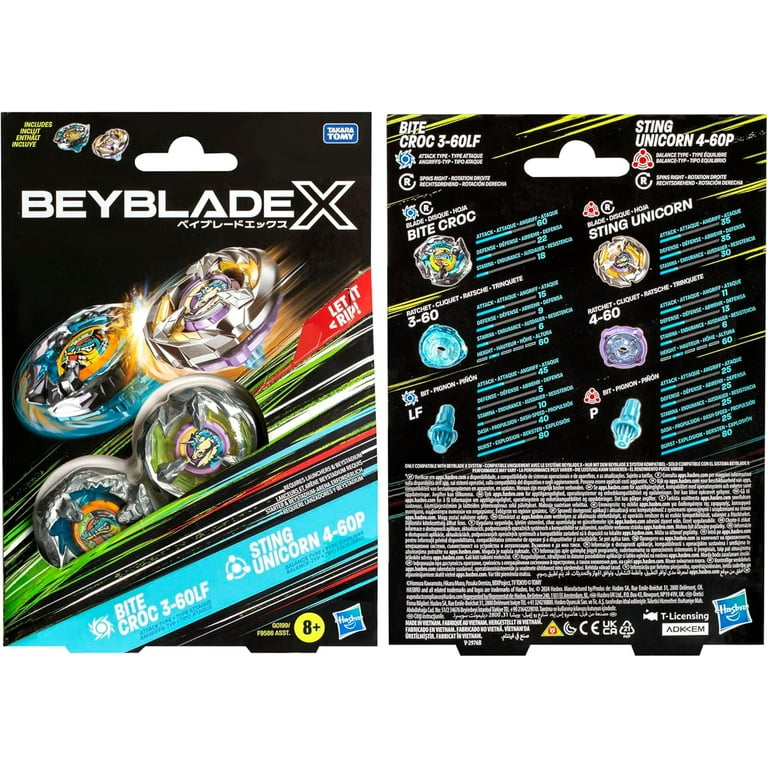Beyblade X Bite Croc 3-60LF and Sting Unicorn 4-60P Top Dual Pack