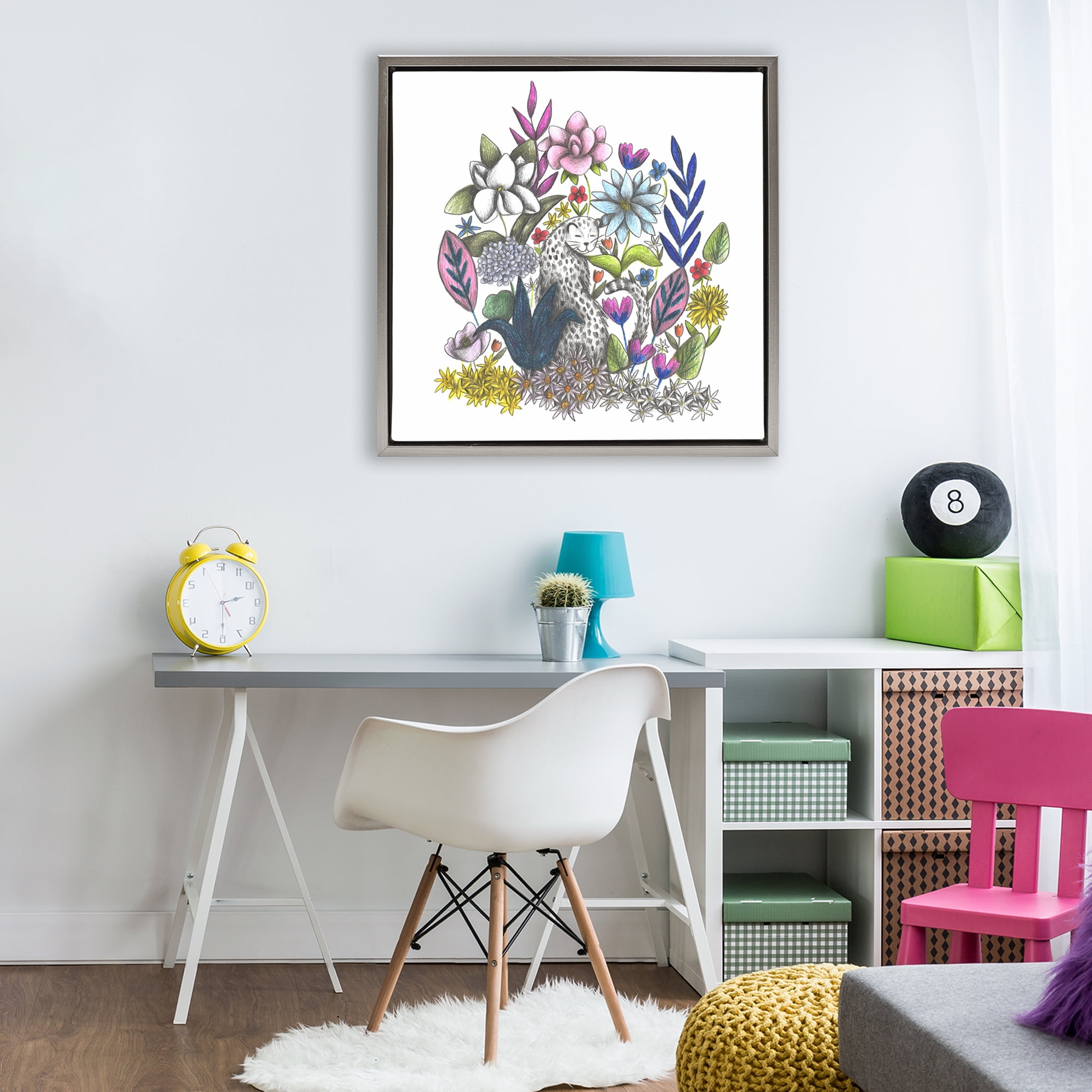 Leopard in Midst of Flowers Gray Framed Floater Canvas Wall Art, design by Cecilia Battaini