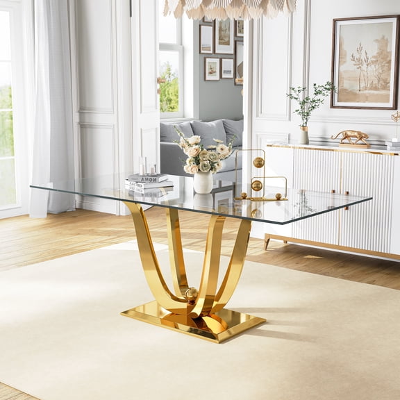 70" Rectangular Glass Dining Table for 6 People, Modern Clear Tempered Glass Kitchen Table with U-Shape Stainless Steel Base, Dining Table for Dining Room or Living Room