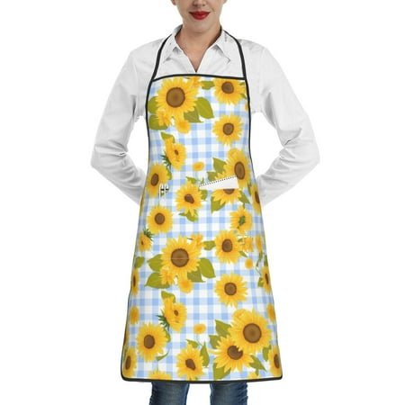

Rocae Blue White Plaid Sunflower for Kitchen Aprons for Women Adjustable Cooking Kitchen Chef Apron for Men with Pockets