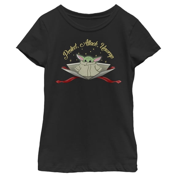 Girl's Star Wars: The Mandalorian Christmas Grogu Protect Attack Unwrap Graphic Tee Black Small