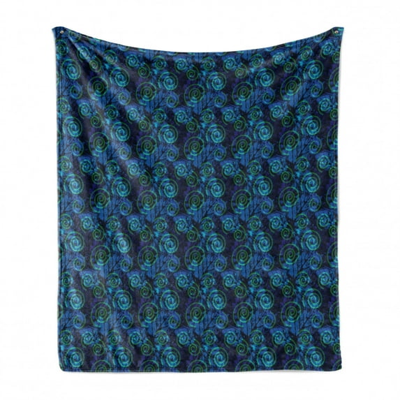 Abstract Soft Flannel Fleece Blanket, Pattern of the Leafs Grungy Botanical Stamp Green Spirals Motif Design, Cozy Plush for Indoor and Outdoor Use, 50" x 60", Blue Indigo and Green, by Ambesonne