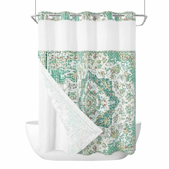 No Hook Turquoise Boho Shower Curtain with Snap in Liner Set, Vintage Abstract Art Floral Ethnic Tribe Waterproof Fabric Bathroom Curtains with See Through Top Window, Hotel Style Stall 48 x 72 Inch