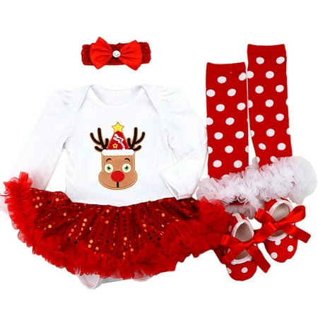 

Maxcozy Infant Baby Girls Christmas Hat Deer Outfit Romper Tutu Skirt+ Headband +Leg Warmer +Shoes Set 6-12 Months